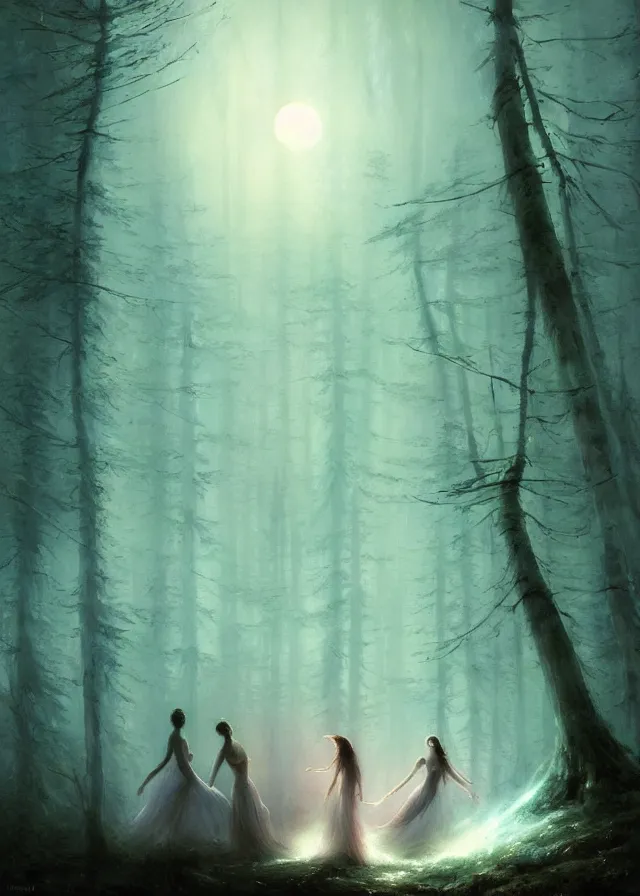 Image similar to the twilight dance of the fae by aleksi briclot, greg rutkowski and ivan aivazovsky, dancers in white lit only by the moon, contemporary dance on the forest floor, contemporary dance, volumetric, atmospheric, watercolor, surrealist, artstation, artgerm, concept art