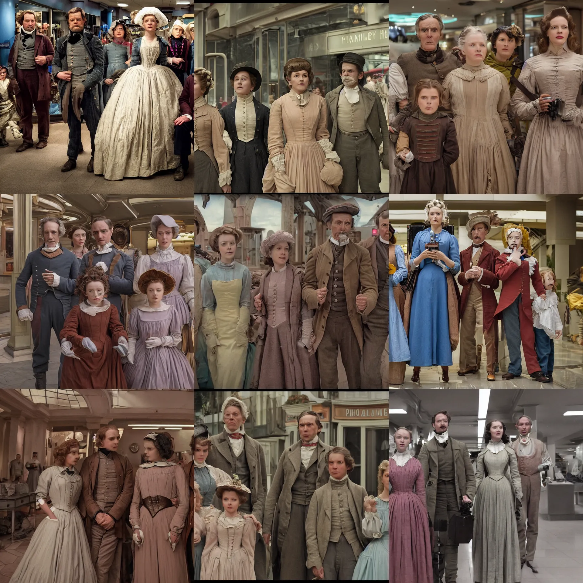 Prompt: sharp, highly detailed, 4096k film, frame still from a sci fi blockbuster color movie made in 2019, a family of four time travelers from 1860 travel in time to 2019, appearing in a shopping mall, looking surprised, the family are all wearing 1860s era clothes, cinematic lighting, in focus, cinematic still, high quality scan, in focus