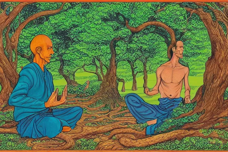 Image similar to a man meditating under a tree by alan davis and alex grey,