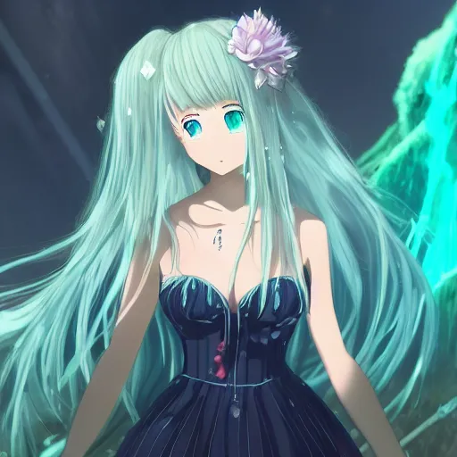 Image similar to a very beautiful anime girl wearing a dress made of water standing in a crystal lake in a futuristic emerald city, full body, long white hair with azure blue highlights blending into the dress , azure blue watery eyes, full round face, seductive over the shoulder glances , lens flare, cinematic lighting, medium shot, mid-shot, reflective surfaces, water droplets, caustic lighting , highly realistically detailed, trending on artstation, Unreal Engine 4k, Stanley Artgerm Lau, WLOP, Rossdraws, James Jean, Andrei Riabovitchev, Marc Simonetti, and Sakimichan