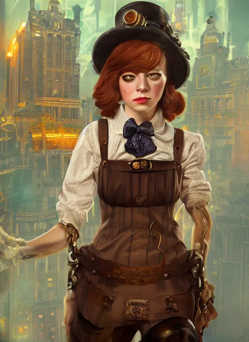 Image similar to Bioshock steampunk portrait of Emma Stone, au naturel, hyper detailed, digital art, trending in artstation, cinematic lighting, studio quality, smooth render, unreal engine 5 rendered, octane rendered, art style by klimt and nixeu and ian sprigger and wlop and krenz cushart.