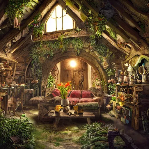 Prompt: a gathering inside a medieval hobbit house, ornate, beautiful, atmosphere, vibe, flowers, concept art illustration, color page, 4 k, tone mapping, doll, akihiko yoshida, james jean, andrei riabovitchev, marc simonetti, yoshitaka amano, digital illustration, greg rutowski, volumetric lighting, sunbeams, particles