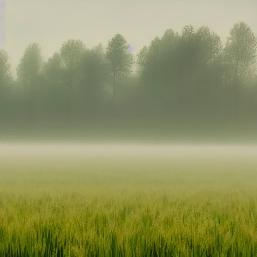 Prompt: A wheat field right beside a forest, morning, photograph, 4K, fog, godrays