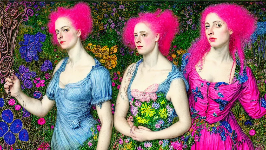 Prompt: photo-realistic portrait of two young women with neon pink hair, wearing a neon blue dress by Vivienne Westwood, standing in a garden full of psychedelic flowers, intricate details, in the style of John Everett Millais, black background