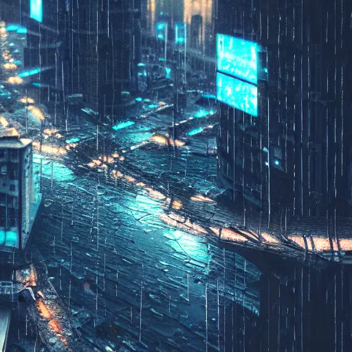 Image similar to 8 k artstation photograph rainy city cracked and crumbling into the ocean with scifi cyberpunk aesthetic hyper realistic aerial view