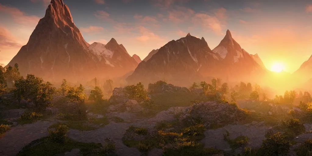 Image similar to a beautiful landscape, sun rises between two mountains, colourful 3 d artwork by phillipp urlich, unreal engine 5, extremely detailed, hyper realism