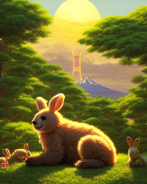 Image similar to a bear with rabbit ears, sitting in tokyo, city, sunny day, highly detailed, masterpiece, award winning, realistic, art by thomas cole and studio ghibli