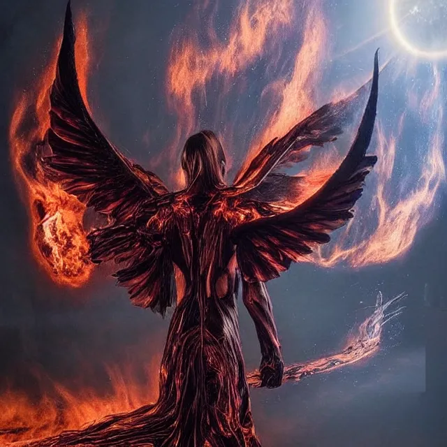 Image similar to a demon with huge nacreous fire wings, standing in shadows of the cosmic glowing sun behind, realistic horrors, cosmic dark vibes evil incarnate, photo pic by hyperrealism