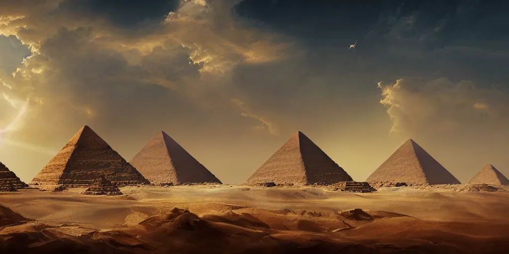 Prompt: beautiful egyptian landscape, pyramid, gorgeous clouds, god rays, digital art, landscape, fantasy art, octane render, ureal engine, high detail, very realistic, by greg rutkowski. by james gurney