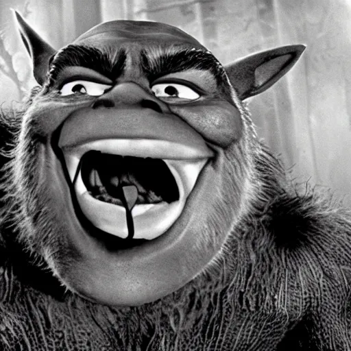 Image similar to film still of Shrek as a werewolf in The Wolf Man 1941