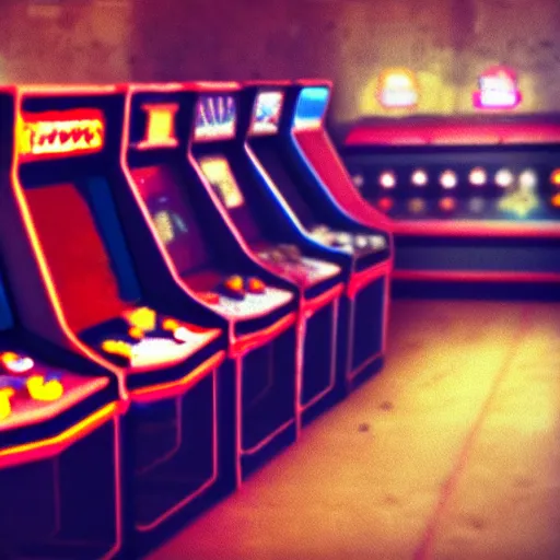 Image similar to beautiful fuzzy phonecamera photograph of an empty 9 0 s arcade