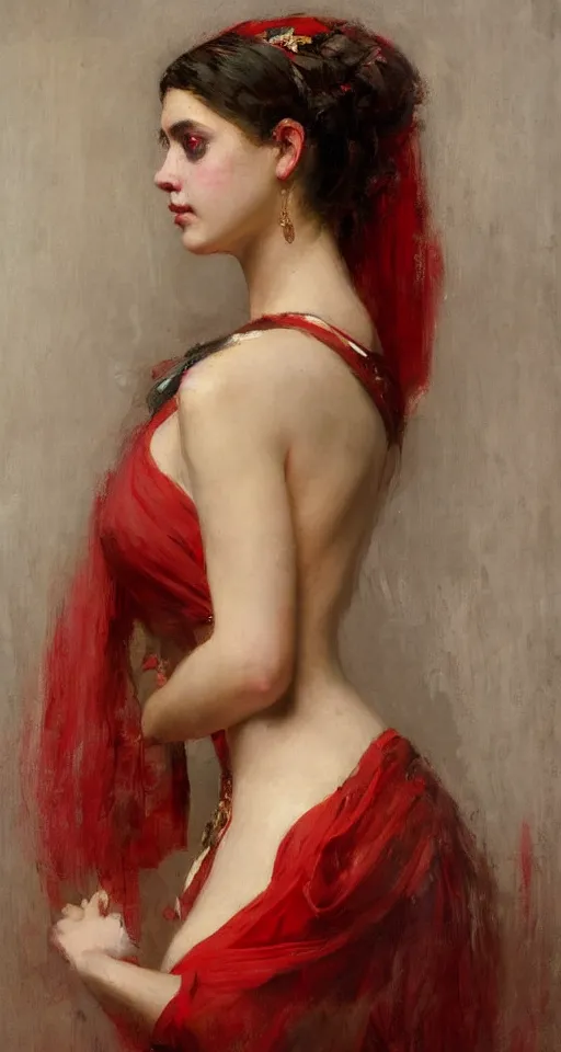 Image similar to solomon Joseph Solomon and Richard Schmid and Jeremy Lipking victorian genre painting portrait painting of a young beautiful woman greek Goddess in fantasy costume, red background