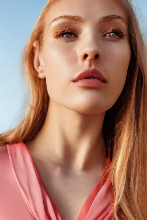 Image similar to olive skinned strawberry - blonde female model in her twenties, wearing a v - neck satin blouse, looking content, focused on her neck, photo realistic, extreme detail skin, natural beauty, no filter, slr, golden hour, 4 k, high definition, selfie