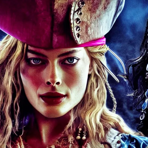 Image similar to stunning awe inspiring margot robbie as a pirate in pirates of the caribbean, movie still 8 k hdr atmospheric lighting