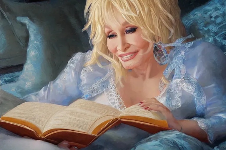 Image similar to portrait of dolly parton reading a bedtime story in bed, an oil painting by ross tran and thomas kincade