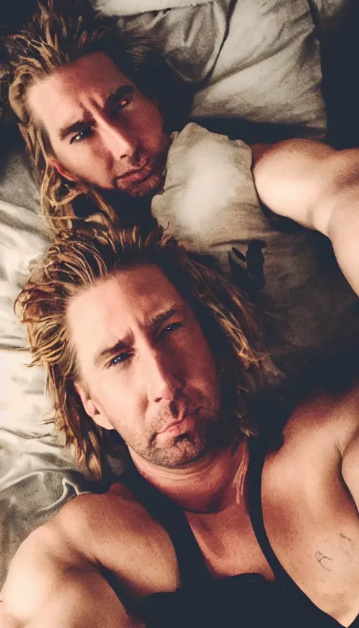 Image similar to chad kroeger snapchat selfie laying in bed with a black tanktop