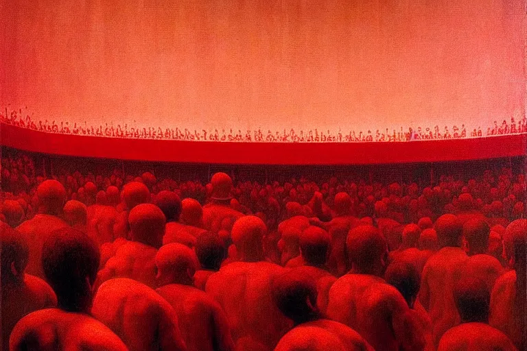 Image similar to only with melted fascist, sportspalast amphitheater, crowd hails him, in the style of beksinski, parts by edward hopper, parts by rodcenko, parts by yue minjun, intricate and epic composition, red by caravaggio, insanely quality, highly detailed, masterpiece, red light, artstation, 4 k