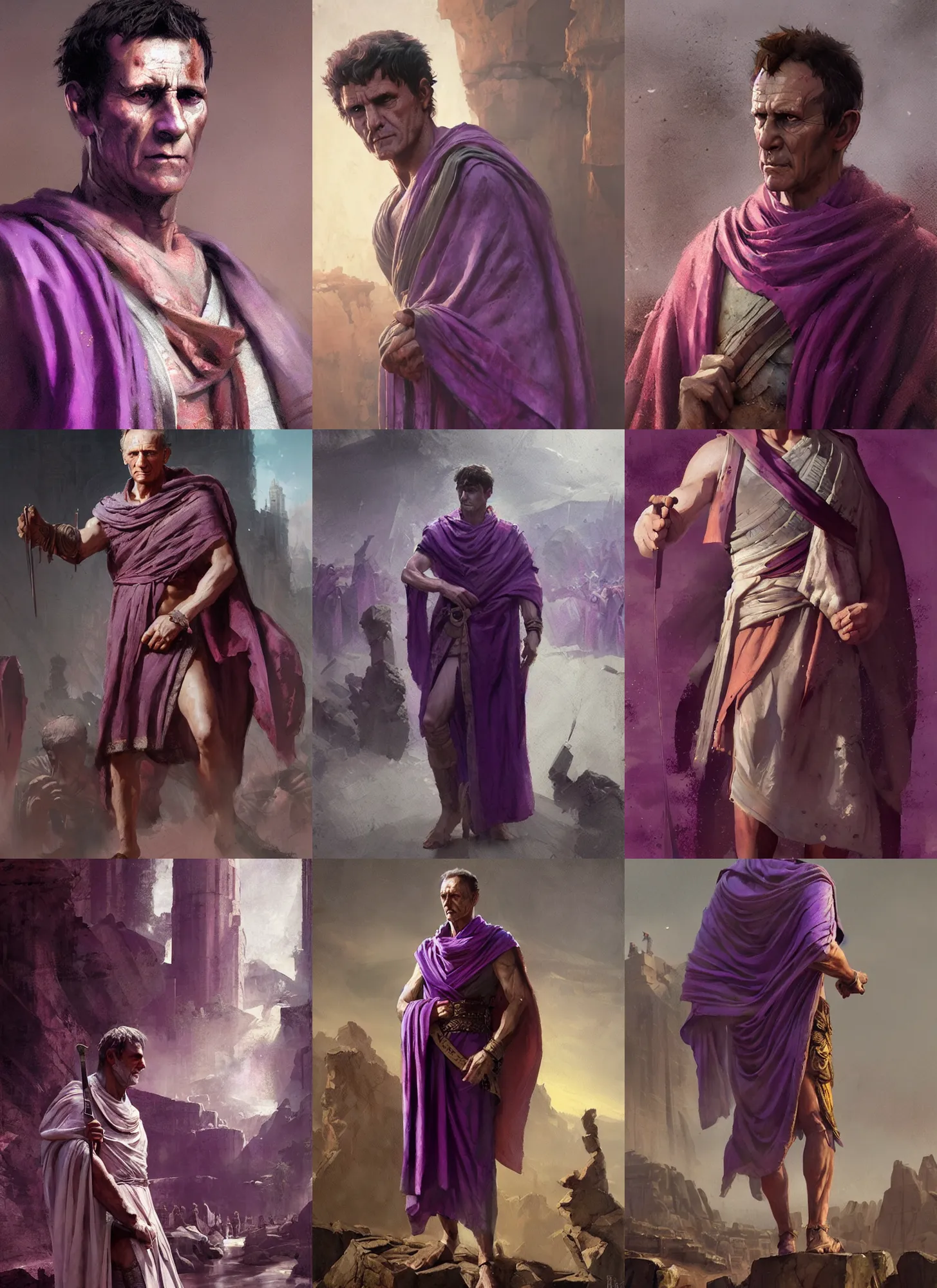 Prompt: gaius julius caesar wearing a tyrian purple toga, art by greg rutkowski, highly detailed, digital painting, sharp focus, illustration