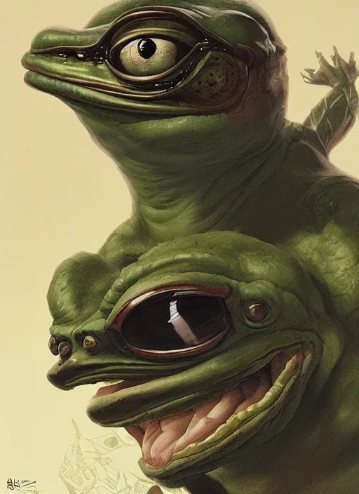 Image similar to Portrait of Pepe The Frog, marvel comics, dark, intricate, highly detailed, smooth, artstation, digital illustration by Ruan Jia and Mandy Jurgens and Artgerm and Wayne Barlowe and Greg Rutkowski and Frank Frazetta