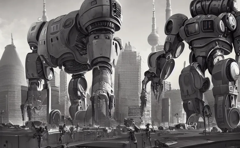 Image similar to berlin after the invasion of gigantic human - like robots, artstation hq, stylized, symmetry, modeled lighting, expressive, retro futurism, studio photo refined, highly detailed, hyper realistic, photo realistic metal render