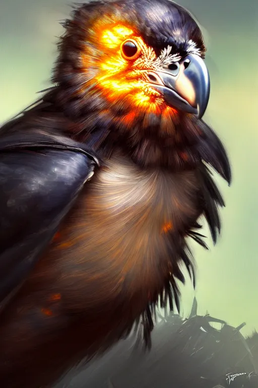 Prompt: clear portrait of a baby raven, cottagecore!!, background hyper detailed, character concept, full body, dynamic pose, glowing lights!! intricate, elegant, highly detailed, digital painting, artstation, concept art, smooth, sharp focus, illustration, art by artgerm and greg rutkowski and alphonse mucha