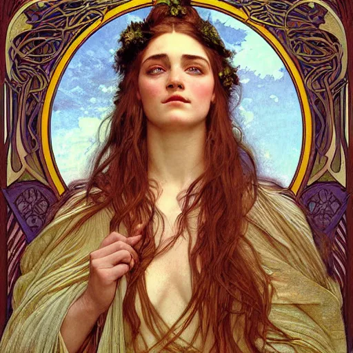 Image similar to detailed portrait art nouveau painting of the goddess of the wind, backlit, who resembles Saoirse Ronan, Kate Moss, and Emma Watson with anxious, piercing eyes, elegant highly detailed digital painting artstation smooth sharp focus illustration, by Alphonse Mucha, Michael Whelan, William Adolphe Bouguereau, John Williams Waterhouse, and Donato Giancola