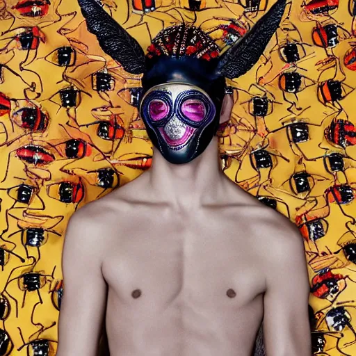 Image similar to a young athletic slim beautiful latin prince wears a mask decorated with intricate small colorful beetles made of organza, designed by alexander mcqueen, photographed by erwin olaf for an expensive fashion magazine