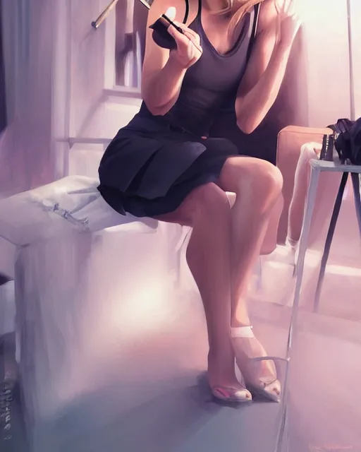Prompt: yvonne strahovski, very sexy outfit, putting makeup on, medium shot, visible face, detailed, perfectly shaded body, perfectly shaded face, atmospheric lighting, by makoto shinkai, stanley artgerm lau, wlop, rossdraws