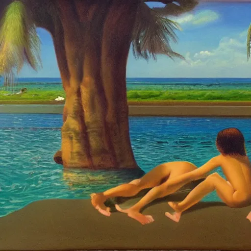 Prompt: The last day in paradise, oil on canvas, 1973