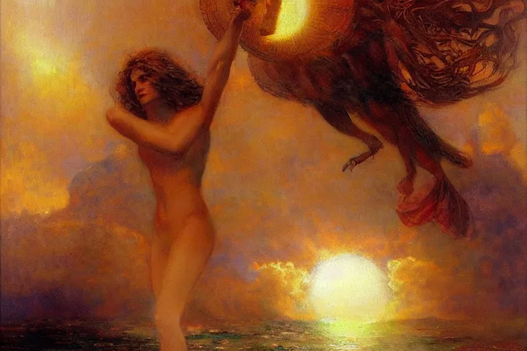 Prompt: portrait of a mythical hero named horizon, who lifts the sun into the sky every morning. art by gaston bussiere.