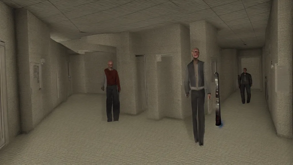 Prompt: An entity imitating a man stands at the back of a hallway of a hospital, PS2 horror game screenshot, uncanny valley