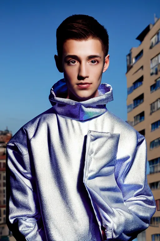 Image similar to un ultra high definition studio quality photographic art portrait of a young man standing on the rooftop of a british apartment building wearing soft baggy inflatable padded silver iridescent pearlescent clothing. three point light. extremely detailed. golden ratio, ray tracing, volumetric light, shallow depth of field. set dressed.