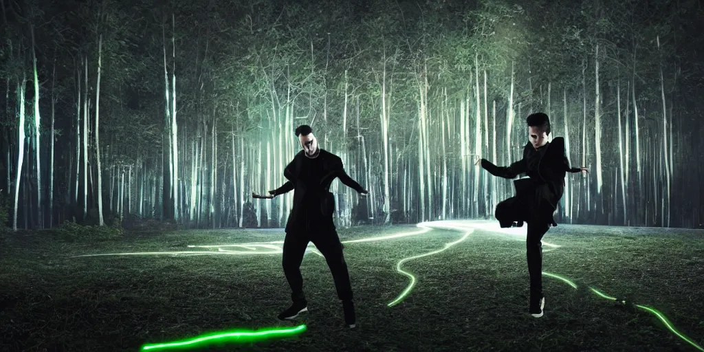 Image similar to slow motion film still of futuristic break dancer wearing dark suit with neon lights, long exposure shot , at night in the middle of a rainy forest, rim lights, glossy reflections, octane render, detailed and soft