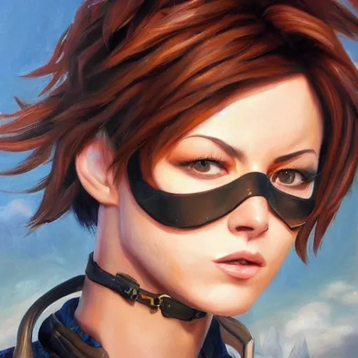 Image similar to oil painting of tracer overwatch in a field wearing large leather belt choker collar around neck, in style of mark arian, expressive face, detailed face, detailed eyes, full body, feminine face, tracer overwatch,