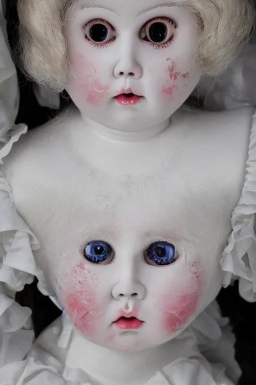 Image similar to creepy porcelain doll with creepy shining eyes.