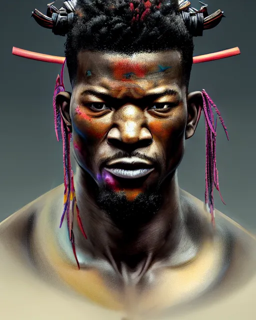 Prompt: face portrait of jimmy butler as a muscular ronin samurai, wearing a haori, by wlop and peter mohrbacher, dramatic action pose, extremely detailed shading, concept art, digital painting, trending on artstation, unreal engine 5, octane render, atmosphere, glow, cinematic lighting, full of color