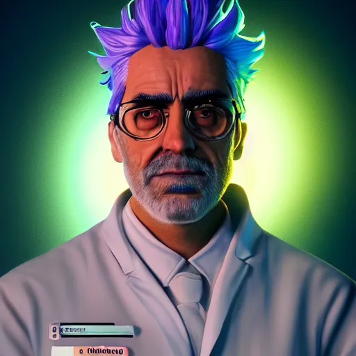 Prompt: portrait art of rick sanchez, lab coat, unibrow, 8 k, lens flare, atmosphere, glow, detailed, intricate, full of colour, cinematic lighting, trending on artstation, 4 k, hyperrealistic, focused, extreme details, unreal engine 5, cinematic, masterpiece