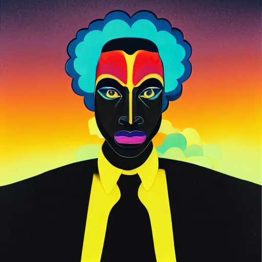 Prompt: a black man with yellow eyes and a dark rainbow background, gouache painting by tomokazu matsuyama, by ed paschke, by agnes pelton, by patrick nagel, behance contest winner, generative art, irridescent, holography, neon, dark art, retrowave, grain, black background