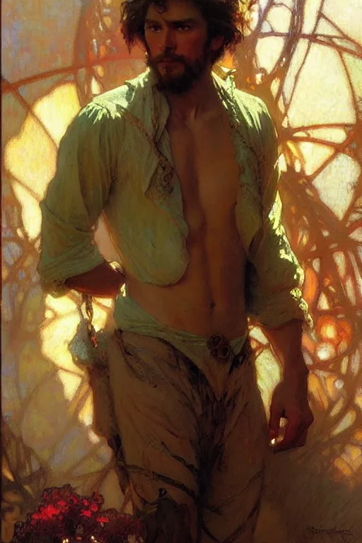 Image similar to attractive man, rainbow, painting by gaston bussiere, craig mullins, greg rutkowski, alphonse mucha