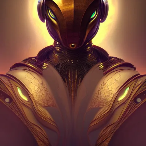 Prompt: hyper advanced repitilian alien ai, sci fi, glowing eyes, volumetric lights, gold theme, art nouveau botanicals, intricate, highly detailed, digital painting, artstation, concept art, smooth, sharp focus, cinematic, illustration, beautiful face, art by artgerm and greg rutkowski and alphonse mucha