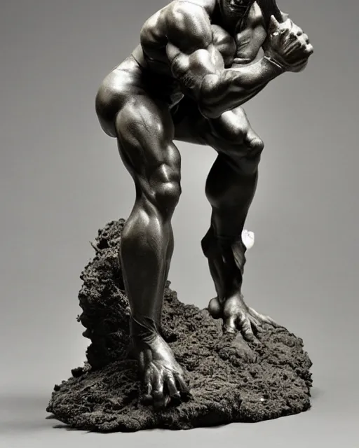 Image similar to a full figure rubber sculpture of crouching Orc, by Michelangelo, in the style of Frank Frazetta, dramatic lighting, rough texture, subsurface scattering, wide angle lens