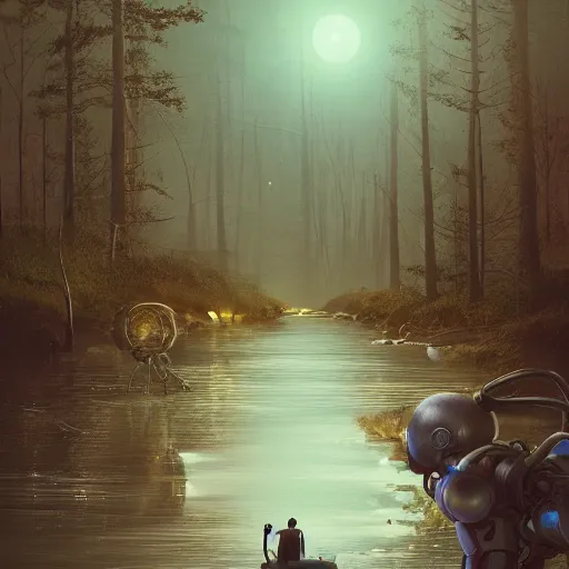 Image similar to Beautiful cinematic scene of a couple of two damaged and broken humanoid robots standing near a river, at night, peaceful, science fiction, award-winning, cinematic lighting, insanely detailed, very realistic, Artstation, Cgsociety, by Simon Stalenhag, directed by Denis Villeneuve, filmic