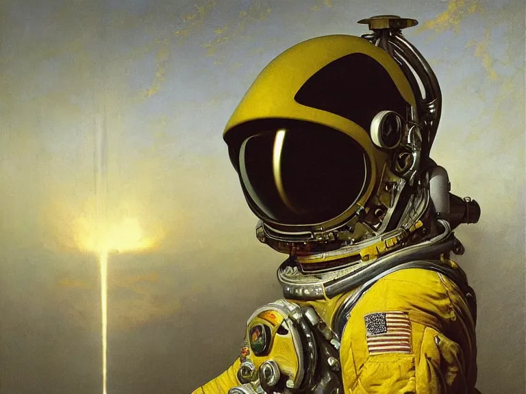 Image similar to a detailed profile oil painting of pilot in a spacesuit with reflective visor, flight suit, portrait symmetrical and science fiction theme with aurora lighting by beksinski carl spitzweg and tuomas korpi. baroque elements, full-length view. baroque element. intricate artwork by caravaggio. Trending on artstation. 8k