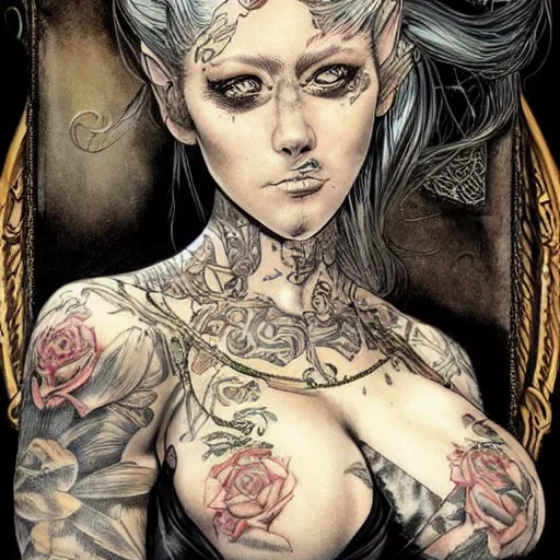 Image similar to a beautiful portrait of a heavily tattooed victorian woman Travis Charest style