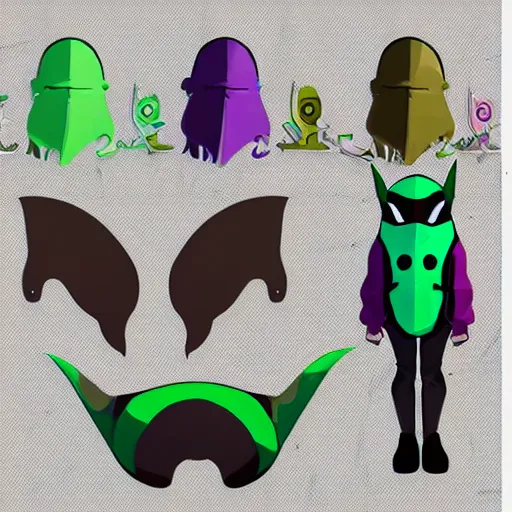 Image similar to character designs for a fashionable nonbinary icon wearing a large gothic manta ray cloak, sells empty spray paint cans as a scam and is always covered in paint, always acting delightedly shady, designed by splatoon nintendo, inspired by tim shafer psychonauts 2 by double fine, cgi, professional design, gaming