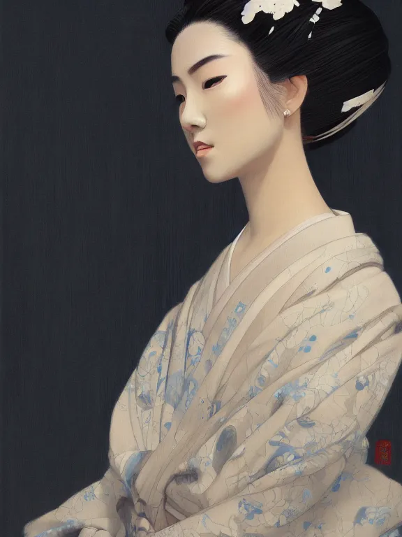 Prompt: an ultradetailed beautiful portrait painting of a geisha dancer, side view, oil painting, high resolution, by ilya kuvshinov, greg rutkowski and makoto shinkai