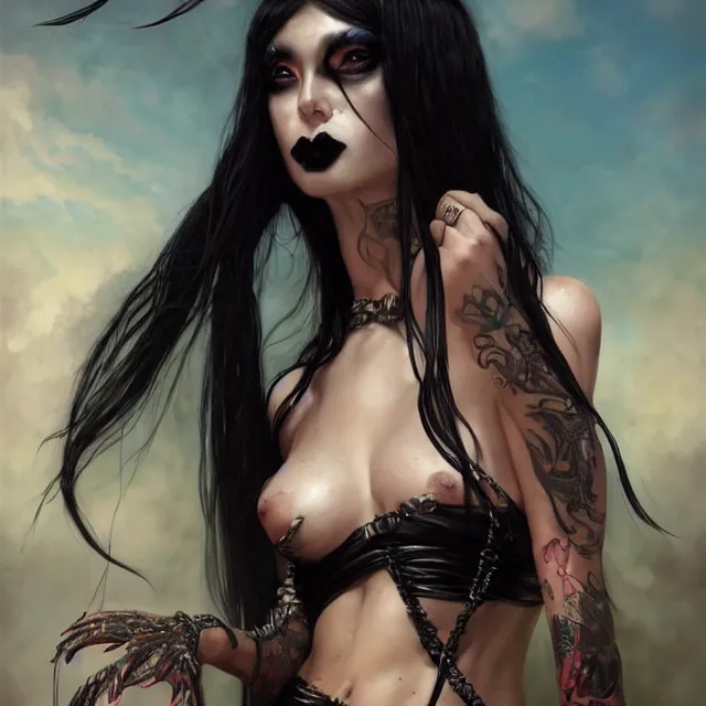 Prompt: portrait of beautiful goth girls slavery cosplay with black hair in string bikini armor, light makeup, few tattoos, clothes fully on, art by stanley lau and artgem and wlop and magali villeneuve and karol bak and gennady ulybin