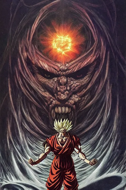 Image similar to Male Anime Character Goku Super Saiyan 4 in the center giygas epcotinside a space station eye of providence vivid to eye hellscape mind character by HR Giger, by Frank Frazetta, by Beksinski Finnian