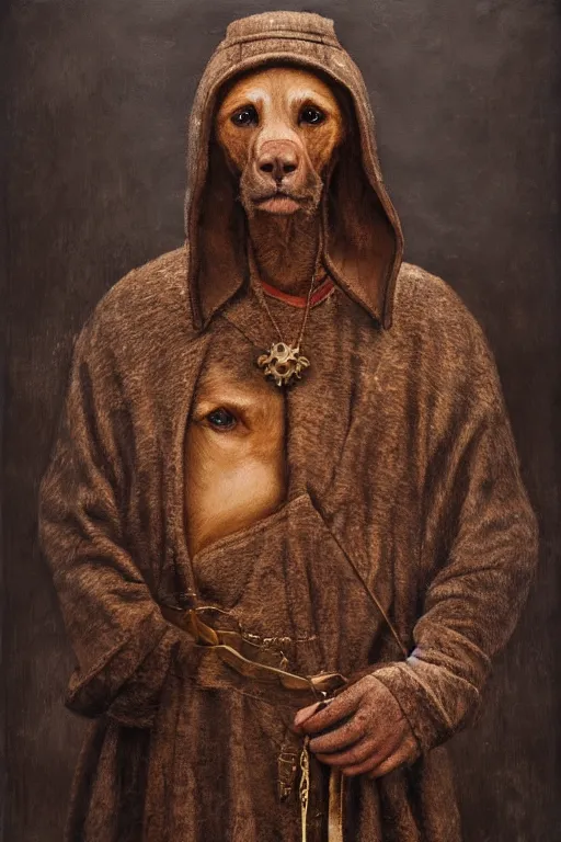 Prompt: Slavic dog head man, woolen torso in medieval clothes, Saint Christopher, oil painting, hyperrealism, beautiful, high resolution, trending on artstation,