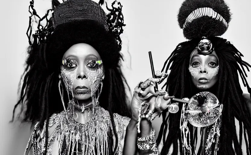 Prompt: “erykah badu as a voodoo queen wearing flowing black robes and a disco tophat holding a staff with a glowing crystal ball, by michalopoulos, by Laurie Lipton, Josip csoor, 8k resolution, realistic shadows, 3D, rendered in octane, volumetric lighting, hyper detailed, photorealistic, voodoo”